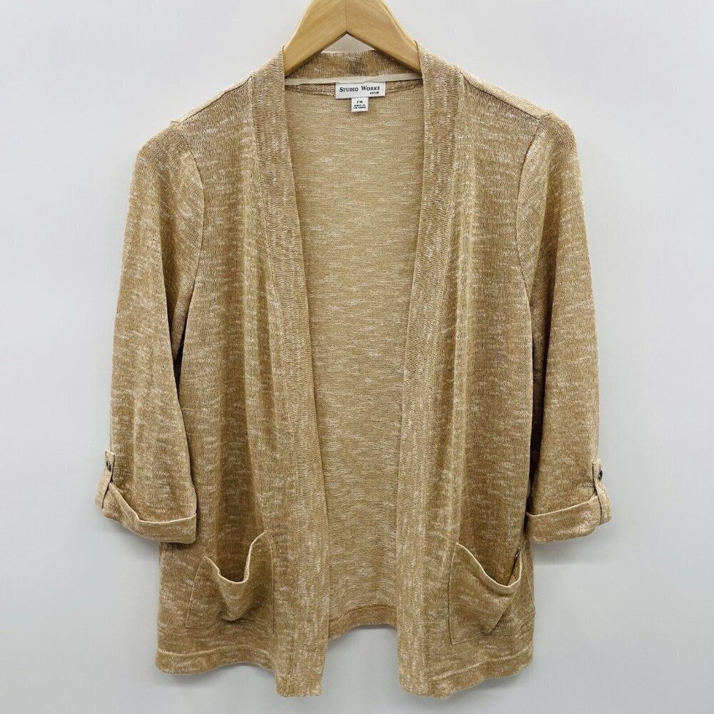 Studio Works Petite Womens PM Medium Open‎ Front Cardigan Sweater in Tan 2069